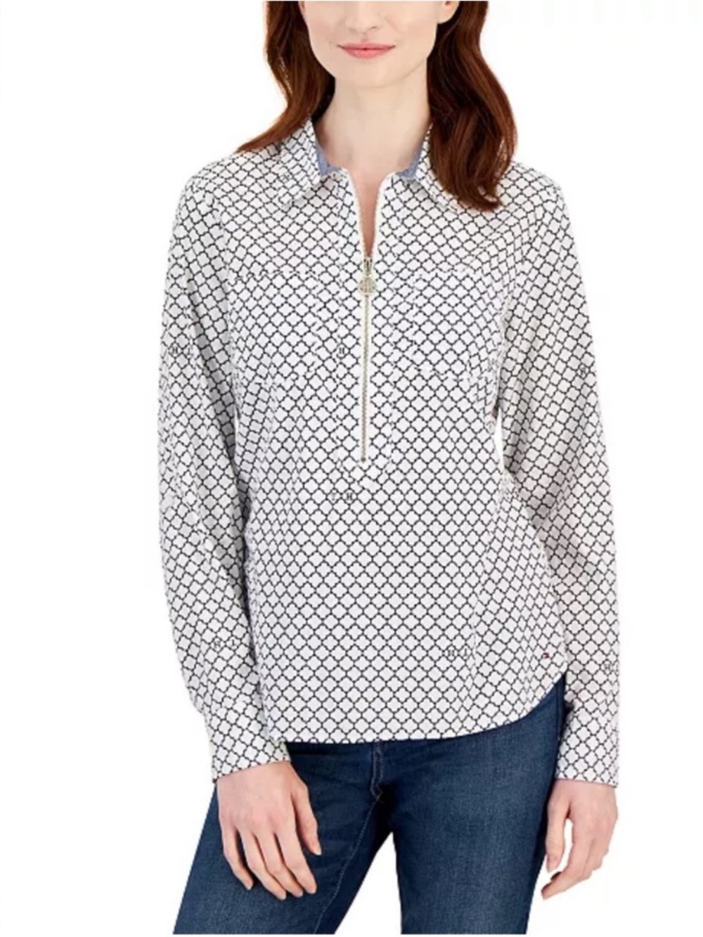 Tommy Hilfiger Cream and Black Geometric Print Blouse Sleeve Roll Gold Zipper